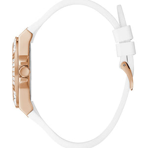 Side profile of Guess Venus GW0118L4 women's quartz battery watch showing 10.5mm thickness and rose gold finish