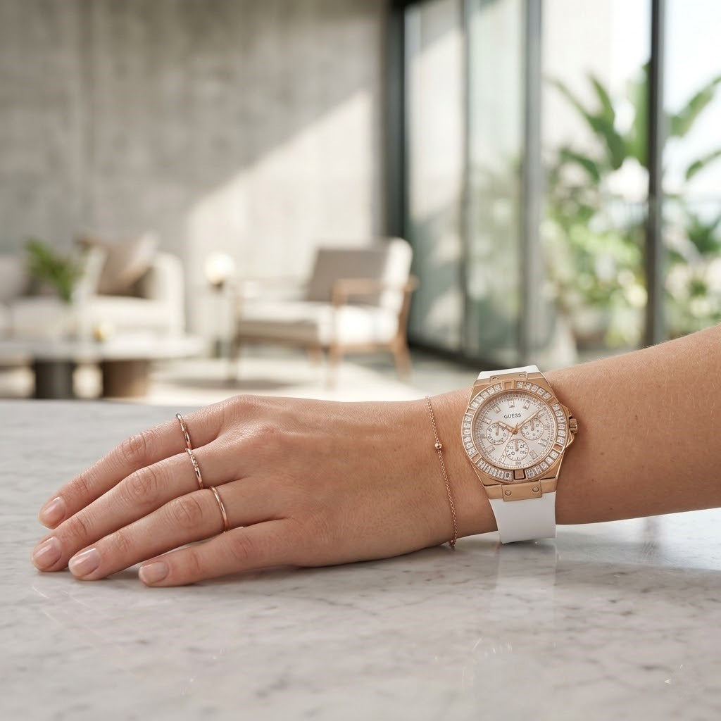 Close up of Guess Venus GW0118L4 women's quartz battery watch on wrist showing clean white dial and luxury baguette crystal bezel