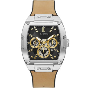 Guess Phoenix GW0202G3 men's watch with silver tonneau case, black dial, and brown rubber strap