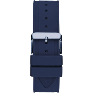 Rose gold-tone buckle clasp on Guess Momentum GW0263G2 men's quartz battery blue rubber strap watch