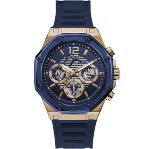 Guess Momentum GW0263G2 men's quartz battery watch with blue cut-out dial, multi-function sub-dials, rose gold case with blue bezel, blue rubber strap main view