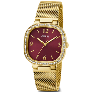 Left angled view of Guess Tapestry GW0354L4 women's quartz battery watch showing gold mesh bracelet and sleek square case profile