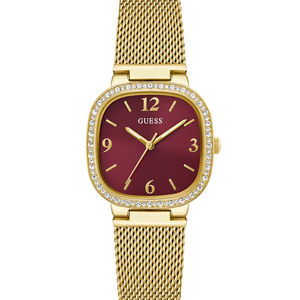Guess Tapestry GW0354L4 women's quartz battery watch with deep burgundy dial, cushion square gold case with crystal bezel, gold milanese mesh bracelet main view