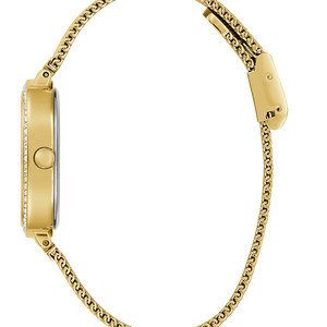 Side profile of Guess Tapestry GW0354L4 women's quartz battery watch showing 8mm thickness and polished gold finish
