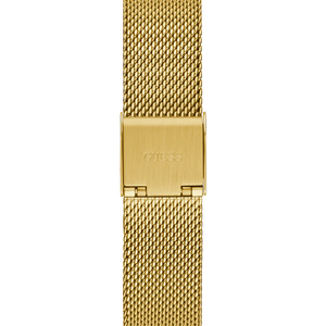 Gold-tone adjustable sliding clasp on Guess GW0354L5 women's quartz battery gold mesh bracelet watch