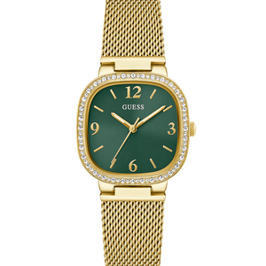 Guess GW0354L5 women's quartz battery watch with green sunray dial, square gold case with crystal bezel, gold stainless steel mesh bracelet main view