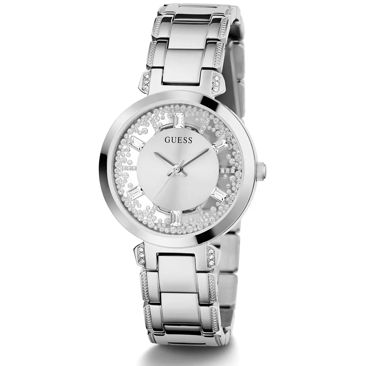 Right angled view of Guess Crystal Clear GW0470L1 women's quartz battery watch highlighting silver finish and baguette crystal details