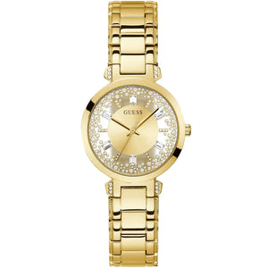 Guess Crystal Clear GW0470L2 women's quartz battery watch with transparent see-through dial, floating crystals, gold case, gold stainless steel bracelet main view