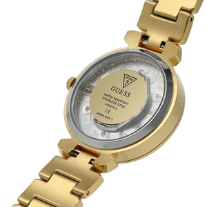 Caseback of Guess Crystal Clear GW0470L2 women's quartz battery watch showing technical specs 30m water resistance and stainless steel material