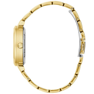 Side profile of Guess Crystal Clear GW0470L2 women's quartz battery watch showing 9mm thickness and polished gold finish