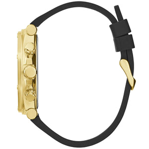 Detailed side view of the gold crown and pushers on the Guess GW0492G3