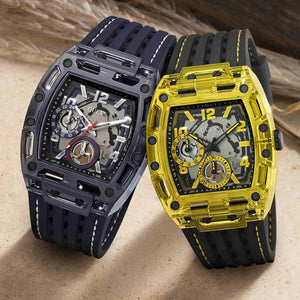 Guess Phoenix GW0499G1 men's watch with blue transparent polycarbonate case and blue silicone strap