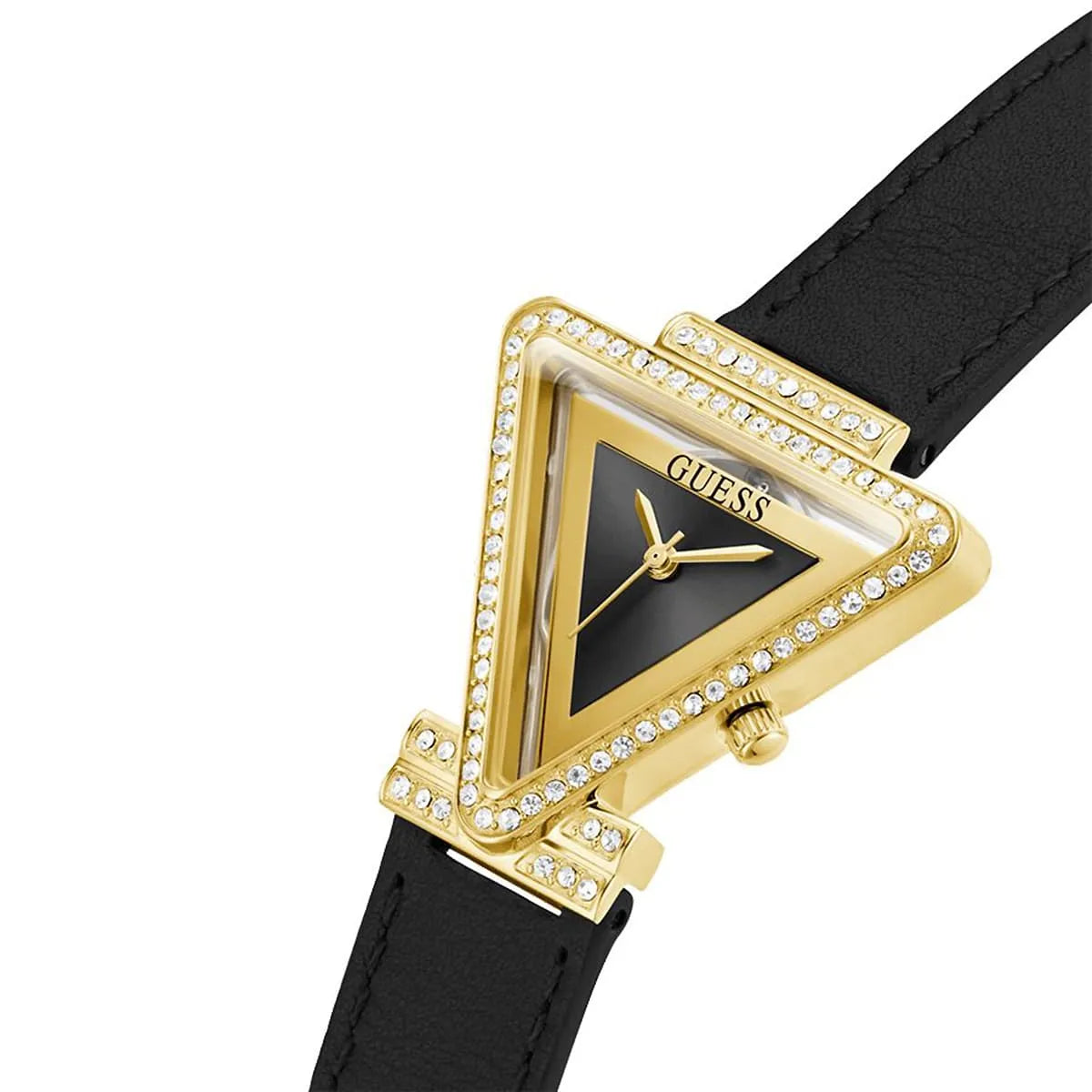 Right angled view of Guess Fame GW0504L5 women's quartz battery watch highlighting gold finish and crystal bezel details