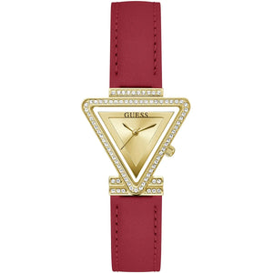 Guess Fame GW0504L2 women's quartz battery watch with gold triangle dial, gold triangle case with crystal bezel, red leather strap main view