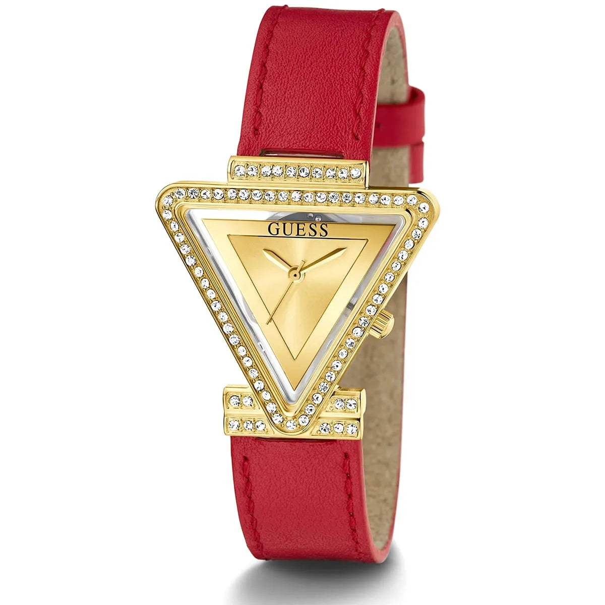 Right angled view of Guess Fame GW0504L2 women's quartz battery watch highlighting gold finish and crystal bezel details