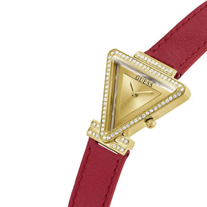 Left angled view of Guess Fame GW0504L2 women's quartz battery watch showing red leather strap and sleek triangle case profile