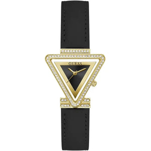Guess Fame GW0504L5 women's quartz battery watch with black triangle dial, gold triangle case with crystal bezel, black leather strap main view