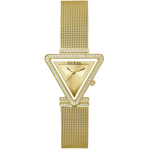 Guess Fame GW0508L2 women's quartz battery watch with gold triangle dial, gold triangle case with crystal bezel, gold stainless steel mesh bracelet main view