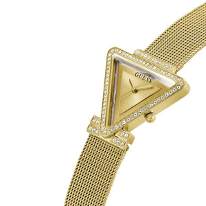Left angled view of Guess Fame GW0508L2 women's quartz battery watch showing gold mesh strap and sleek triangle case profile