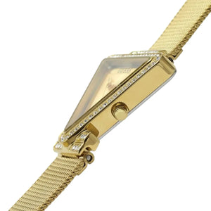 Side profile of Guess Fame GW0508L2 women's quartz battery watch showing 8mm thickness and polished gold finish