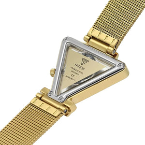 Caseback of Guess Fame GW0508L2 women's quartz battery watch showing technical specs 30m water resistance and stainless steel material