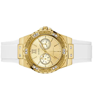 Angled real-life photo of Guess GW0519L2 showing the gold case and white strap