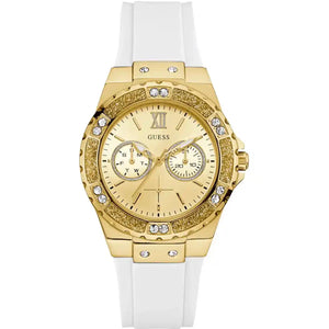 Authentic real-life photo of Guess GW0519L2 showing actual gold shine and white rubber strap