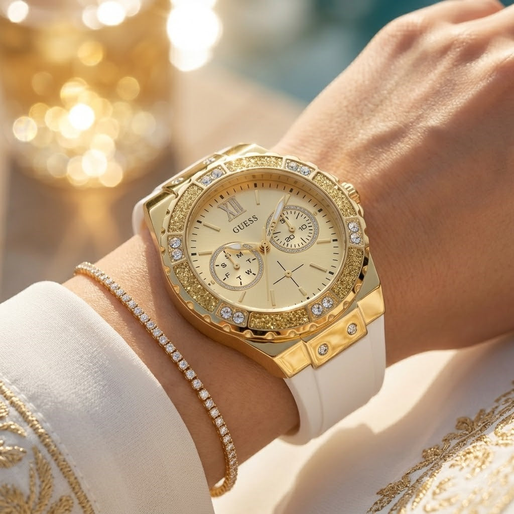 Close up shot of Guess GW0519L2 on wrist showing gold dial and crystal details