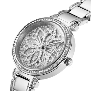 Guess Lily GW0528L1 women's watch - silver floral dial silver steel strap, angled view