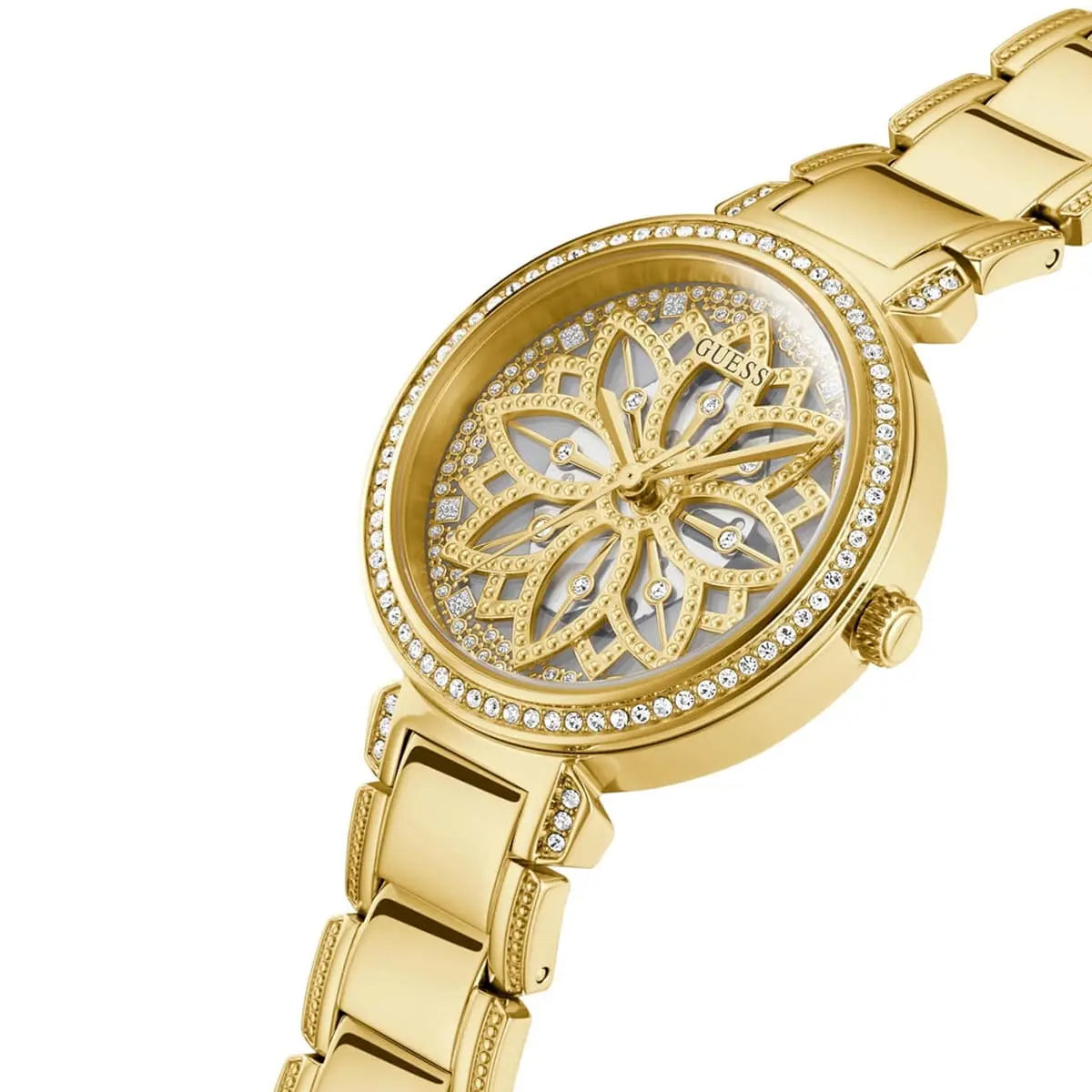 Guess Lily GW0528L2 women's watch - gold floral dial gold steel strap, angled view