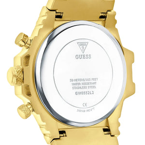 Caseback of Guess Fusion GW0552L2 women's quartz battery watch showing technical specs 50m water resistance and stainless steel material