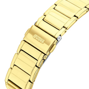 Gold-tone deployment clasp on Guess Fusion GW0552L2 women's quartz battery gold stainless steel bracelet watch