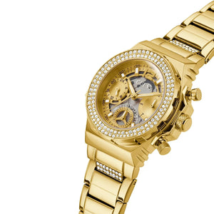 Side profile of Guess Fusion GW0552L2 women's quartz battery watch showing 10.5mm thickness and gold finish