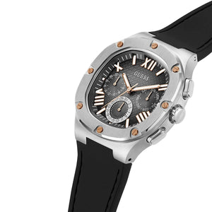 Left side perspective of the Guess GW0571G1 black dial and durable rubber strap