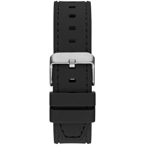Silver-tone pin buckle on the black rubber strap of the Guess GW0571G1