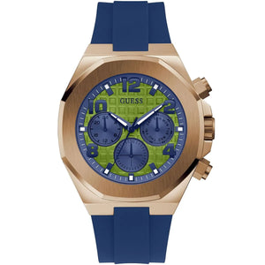 Guess Empire GW0583G3 men's watch with rose gold case, green grid dial, and blue rubber strap