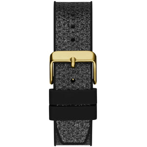 Gold-tone buckle clasp on Guess Asteria GW0620L2 women's quartz battery black rubber strap watch