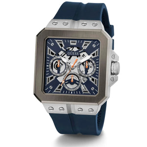 Right angled view of Guess LEO GW0637G1 men's quartz battery watch highlighting polished silver finish and case details