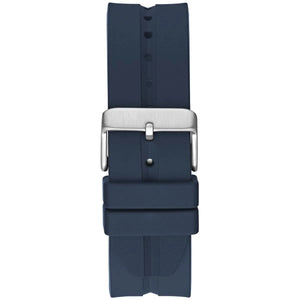 Navy blue watch strap with silver buckle on a white background
