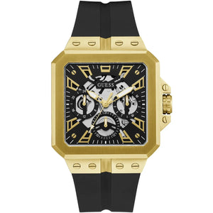 Guess LEO GW0637G2 men's quartz battery watch with deep black dial featuring grid pattern, multi-function sub-dials, gold case with crystal bezel and gold screw details, black rubber strap with animal print texture main view
