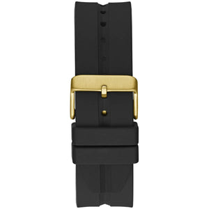 Black watch strap with a gold buckle on a white background