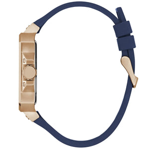 Side profile of Guess LEO GW0637G3 men's quartz battery watch showing 11mm thickness and polished rose gold finish