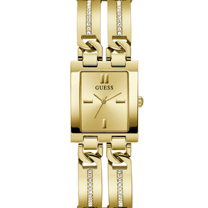 Guess GW0668L2 ladies watch with gold rectangular case and crystal accented bracelet