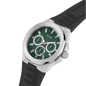 Watch with green face and black strap on white background