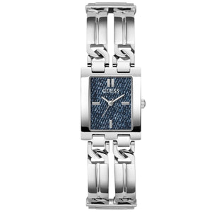 Guess GW0807L1 ladies watch with silver rectangular case, chain link bracelet, and blue denim texture dial