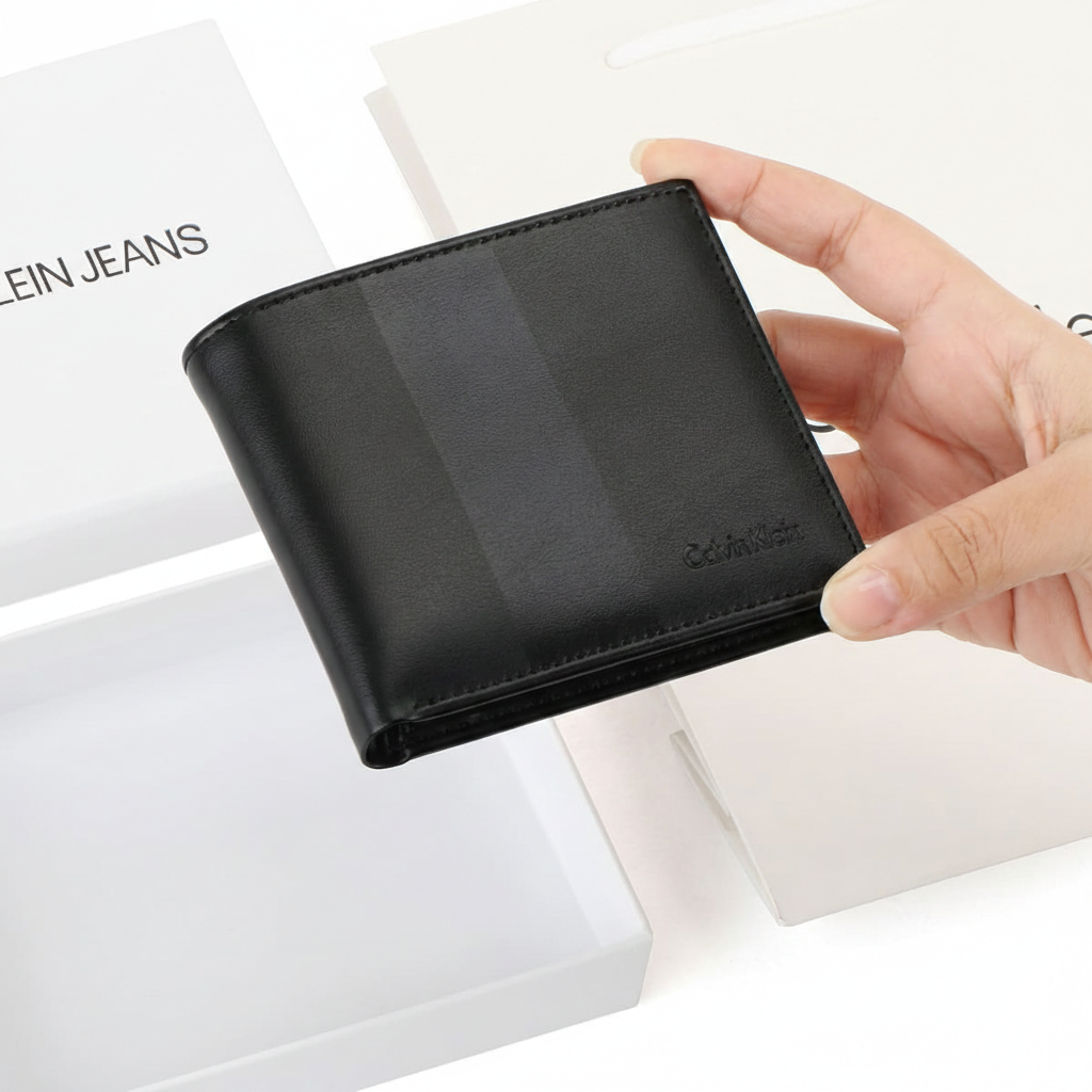 Hand holding a Calvin Klein men's black full grain leather wallet featuring a matte vertical stripe and small debossed logo, displayed above an open white gift box and shopping bag