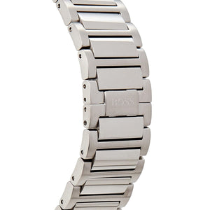 Right side angled view of Hugo Boss 1513359 highlighting the 46mm silver case construction