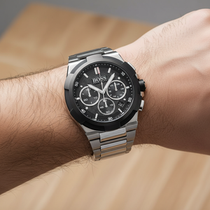 Detailed macro view of the black grooved dial and chronograph sub-dials of Hugo Boss 1513359