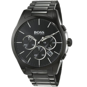 Angled view of Hugo Boss 1513365 highlighting the polished black case and integrated stainless steel bracelet