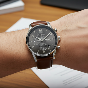 Detailed macro view of the grey sunray dial, Arabic numerals, and sub-dials of Hugo Boss 1513494